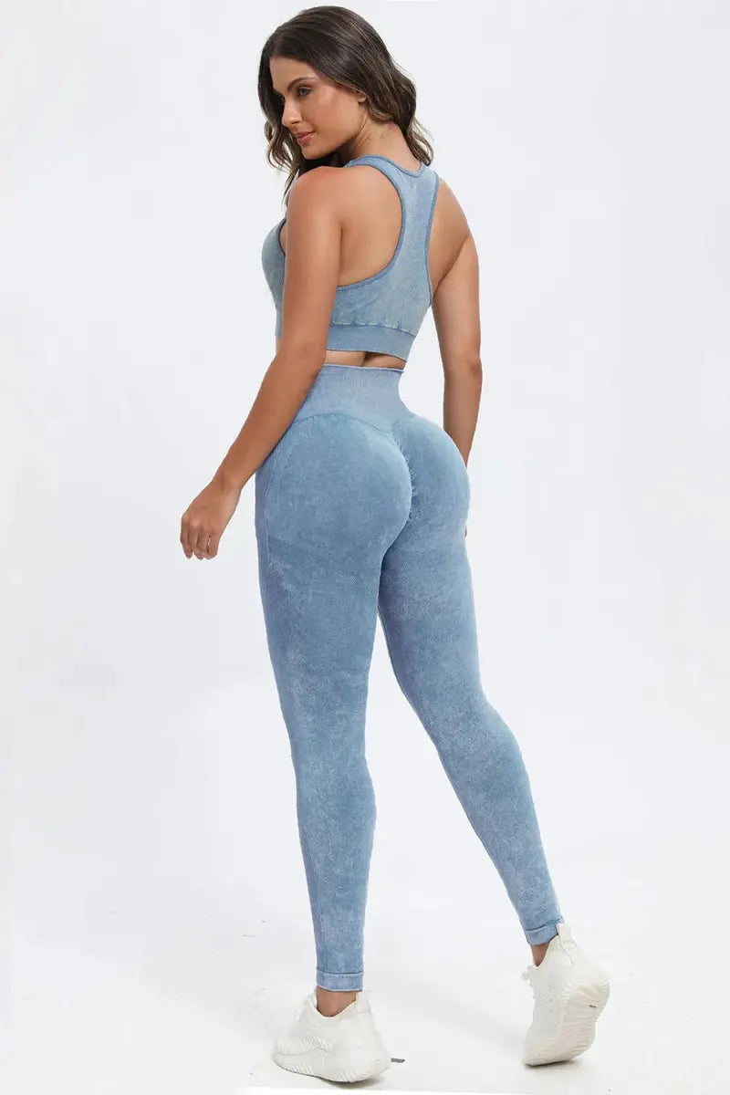 3 Piece Washed Square Neck Wide Strap Active Set for Women - Love Salve